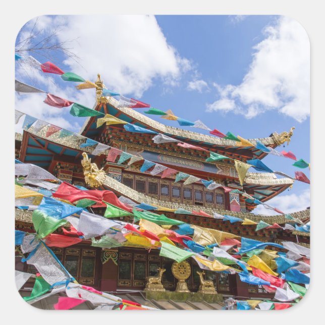 Sticker Carré Temple tibétain avec drapeaux de prière - Yunnan,  (Devant)