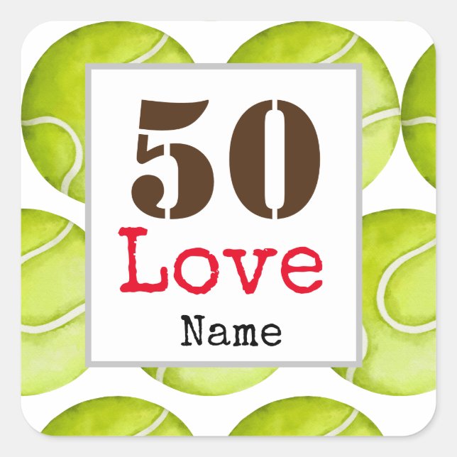 Sticker Carré Tennis 50e Anniversaire balle avec amour et nom (Devant)