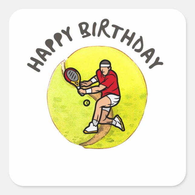 Sticker Carré Tennis avec Joueur d'Anniversaire sur Ball (Devant)