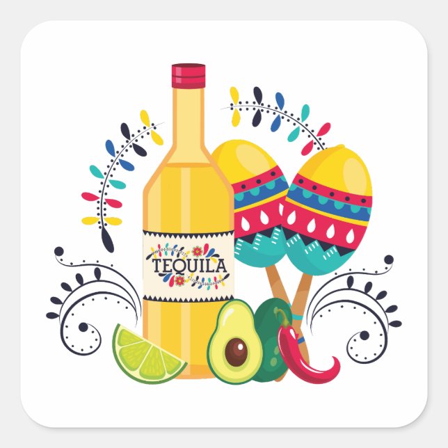 Sticker Carré Tequila, Maracas Art populaire mexicain (Devant)