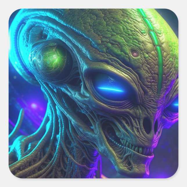 Sticker Carré Tête Alien déplaisante aux yeux bleus brillants (Devant)