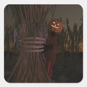 Sticker Carré Tête Citrouille éffrayante Scarecrow