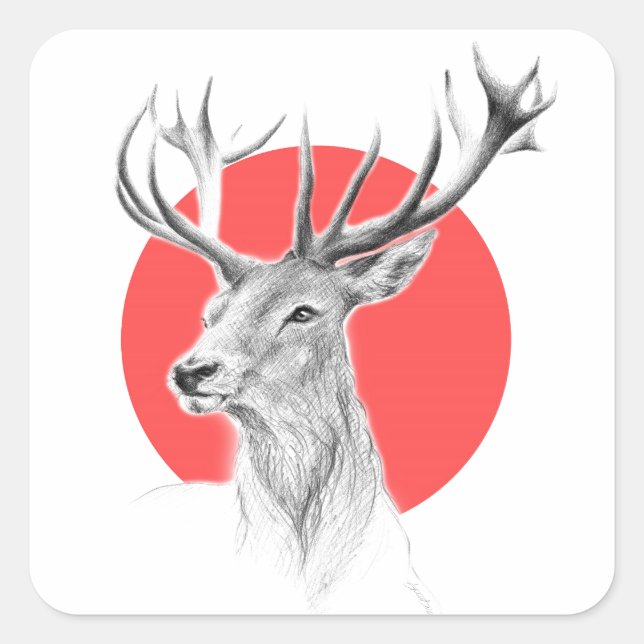 Sticker Carré Tête de cerf Dessin de cerf Cercle rouge Art anima (Devant)