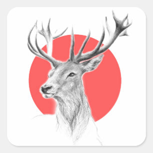 Sticker Carré Tête de cerf Dessin de cerf Cercle rouge Art anima