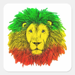Sticker Carré Tête de lion Rasta rouge jaune vert dessin Jamaïqu