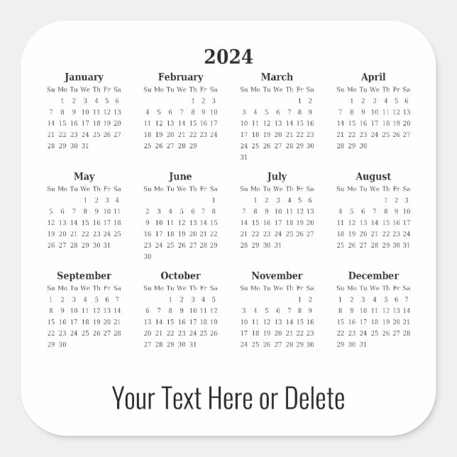 Sticker Carré Texte personnalisé 2024 au calendrier mensuel infé (Devant)