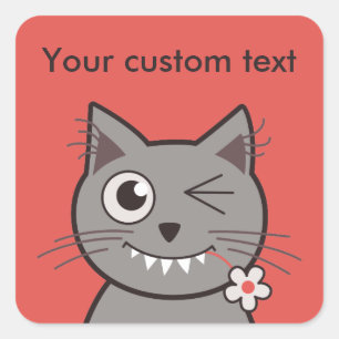 Sticker Carré Texte personnalisé Drôle Winking Cartoon Kitty Cha