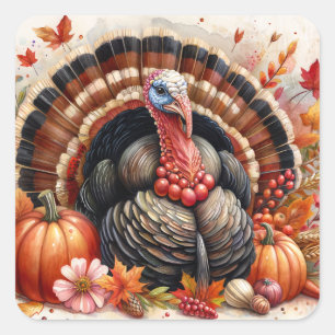 Sticker Carré Thanksgiving Turquie Automne Moisson Aquarelle