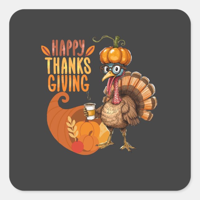 Sticker Carré Thanksgiving Turquie avec Casquette Citrouille (Devant)