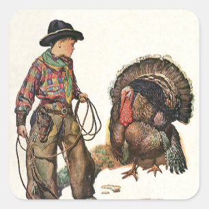 Sticker Carré Thanksgiving vintage, un garçon qui attrape une Tu