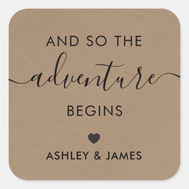 Sticker Carré The Adventure Begins, Wedding Welcome Sticker, (Devant)