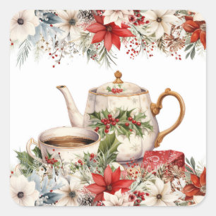 Sticker Carré Thé de l'après-midi floral de Noël Fête de vacance