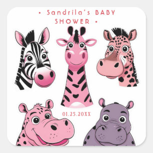 Sticker Carré Thème Animaux Safari Rose Fille Fête d'anniversair
