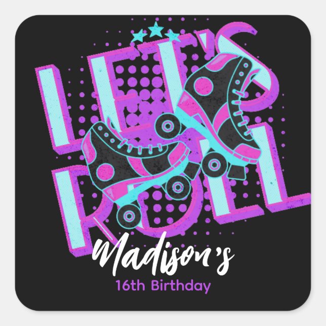 Sticker Carré Thème Anniversaire 16 Ans Patins à Roulettes Sucré (Devant)