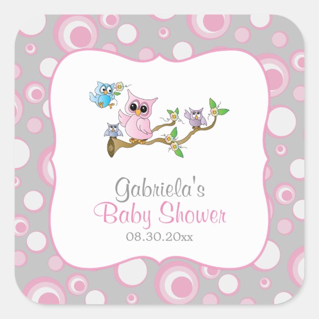 Sticker Carré Thème Baby shower de la chouette des bébés rose et (Devant)