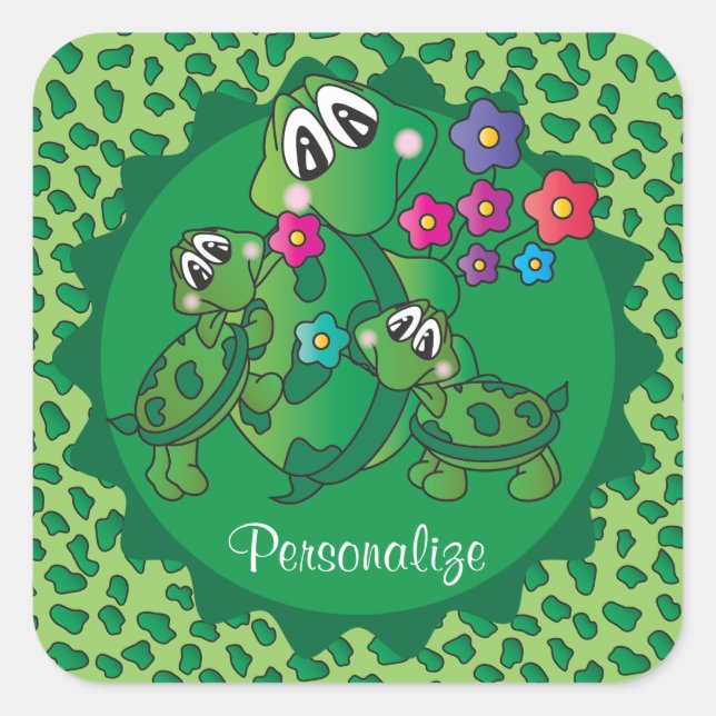 Sticker Carré Thème Baby shower de la Tortue mignonne (Devant)