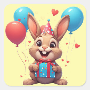 Sticker Carré 🎈 Thème de fête d'anniversaire de lapin mignon
