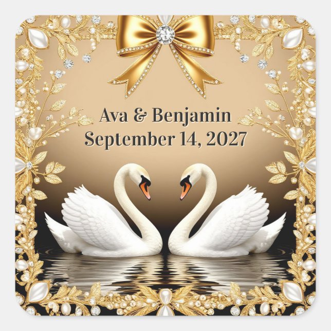 Sticker Carré Thème de mariage Cygne d'Or Romantique 💍 (Devant)