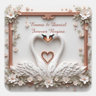 Sticker Carré 🤍 Thème de mariage floral de couple de cygnes rom