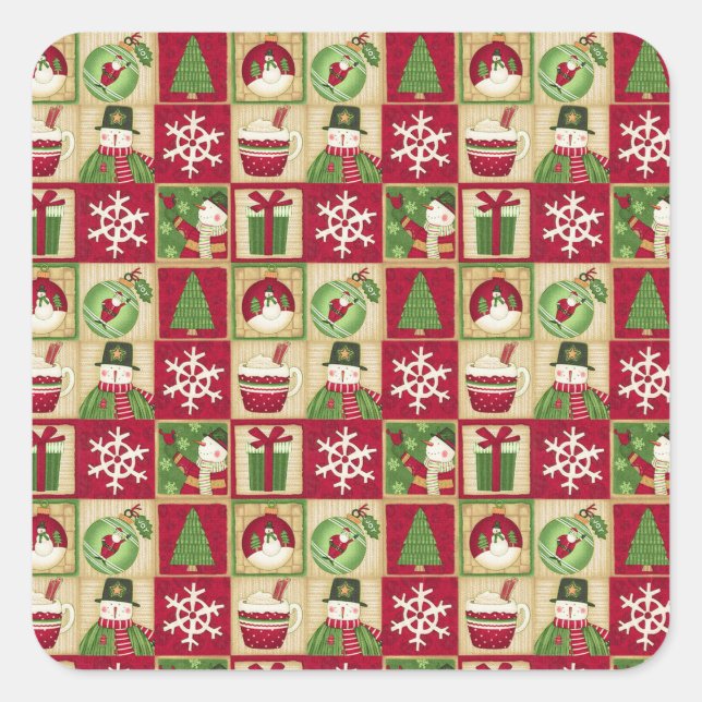 Sticker Carré Thème de Noël Snowman Snowflakes Red Green Gold (Devant)