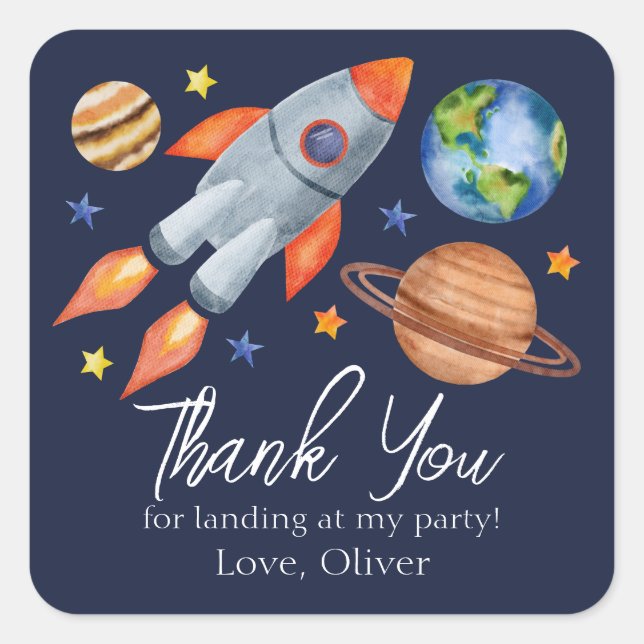 Sticker Carré Thème Espace enfant Anniversaire Merci (Devant)