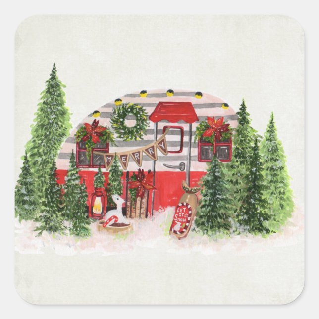 Sticker Carré Thème extérieur du camping de Noël Trailer (Devant)