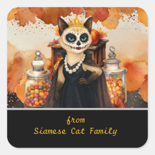 Sticker Carré Thème Halloween pour amateurs de chats avec bonbon