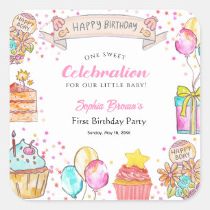 Sticker Carré Thème Sweet One fille 1er Anniversaire Rose