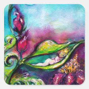 STICKER CARRÉ THUMBELINA DORMANT ENTRE FEUILLES ROSES