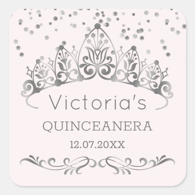 Sticker Carré Tiara d'argent, pois de polka confetti Quinceanera (Devant)