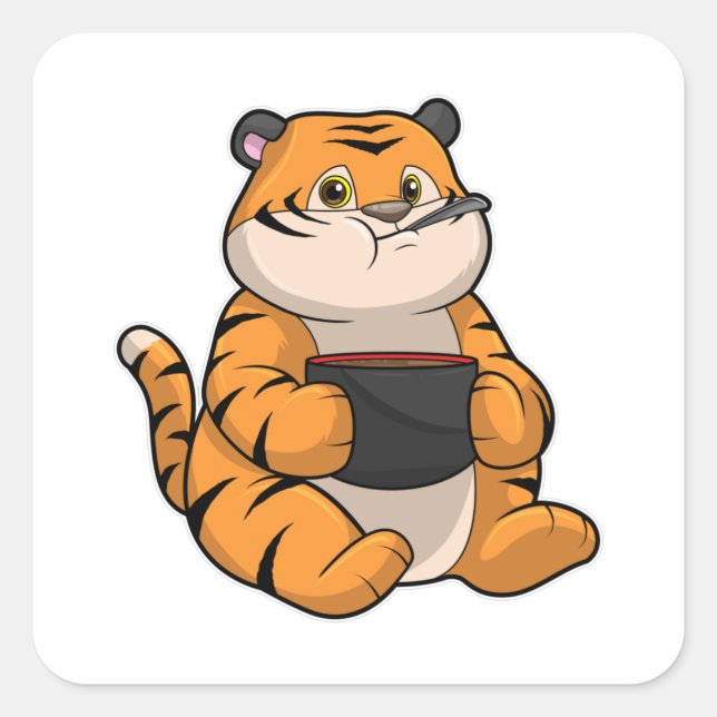 Sticker Carré Tiger à manger avec Bowl (Devant)