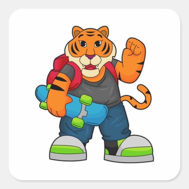 Sticker Carré Tiger comme patineur avec skateboard (Devant)