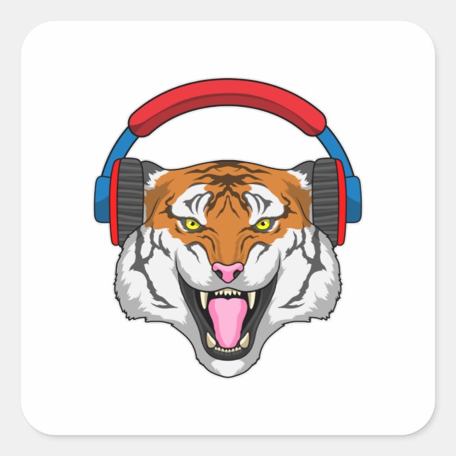 Sticker Carré Tiger en musique avec casque (Devant)