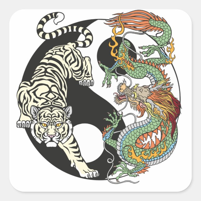 Sticker Carré Tigre blanc contre dragon vert sur la place Yin ya (Devant)