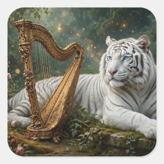 Sticker Carré Tigre blanc et harpe dorée