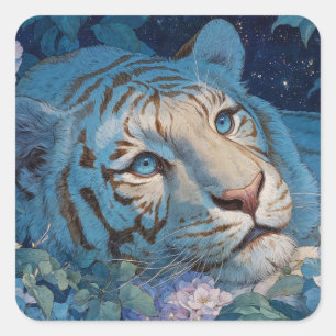 Sticker Carré Tigre bleu dans un jardin floral lavande et bleu l
