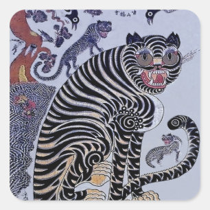 Sticker Carré Tigre coréen Minhwa avec trois oursons