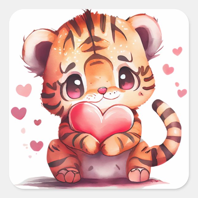 Sticker Carré Tigre du Coeur mignon Valentine (Devant)