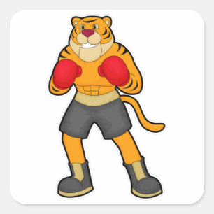 Sticker Carré Tigre en boîte avec gants de boxe