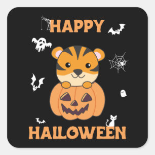 Sticker Carré Tigre En Citrouille Doux Tiger Joyeux Halloween Sq