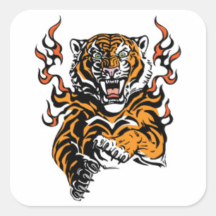 Sticker Carré Tigre en colère dans les langues de flamme