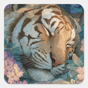 Sticker Carré Tigre endormi dans un jardin floral rose et violet
