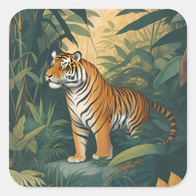 Sticker Carré Tigre majestueux dans la Jungle Elégant Art de la  (Devant)