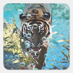 Sticker Carré Tigre sous l'eau imaginaire nature animale