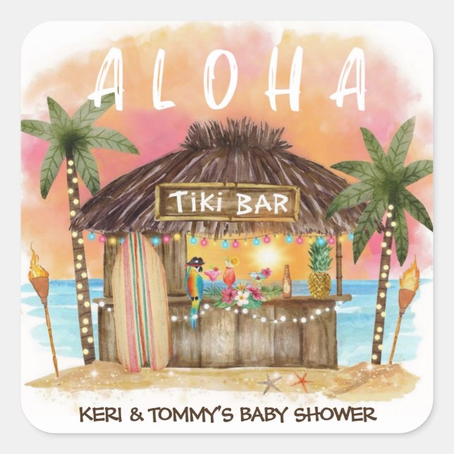 Sticker Carré Tiki Beach Bar Surf tropical et Baby shower de mer (Devant)