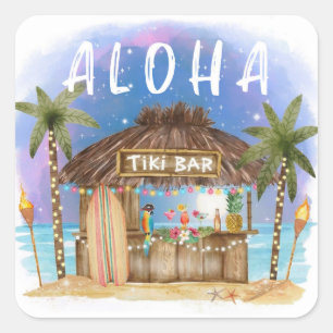 Sticker Carré Tiki Beach Bar Surf tropical & mer