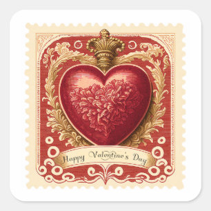 Sticker Carré Timbre-poste vintage de la Saint-Valentin cœur rou