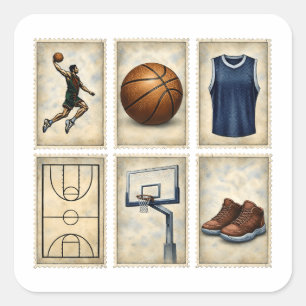 Sticker Carré Timbres de basket-ball vintage Collection de sport