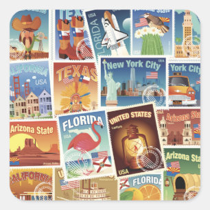 Sticker Carré Timbres De Postage Aux États-Unis