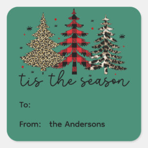 Sticker Carré "Tis the Season" Plaid Leopard Christmas Trees